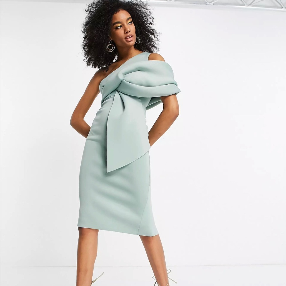 ASOS DESIGN peekaboo shoulder tuck midi pencil dress in frosted sage Size 2